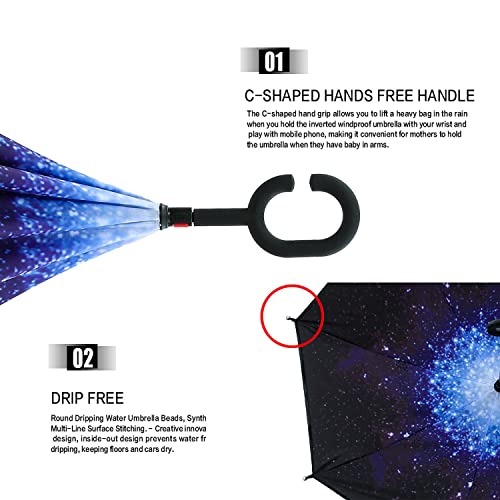 MRTLLOA 40/49/56 Inch Large Windproof Inverted Reverse Upside Down Umbrella, C-Shaped Handle, Double Layer, Stick Rain Umbrella for Men, Women and Kids (Starry Sky, 49 Inch)