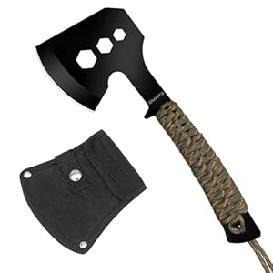 Camping Axe Small Hatchet – 10″ Full Tang Stainless Steel Blade with 3 Hex Wrenches Rope Handle, for Outdoor Hiking, Garden, Black