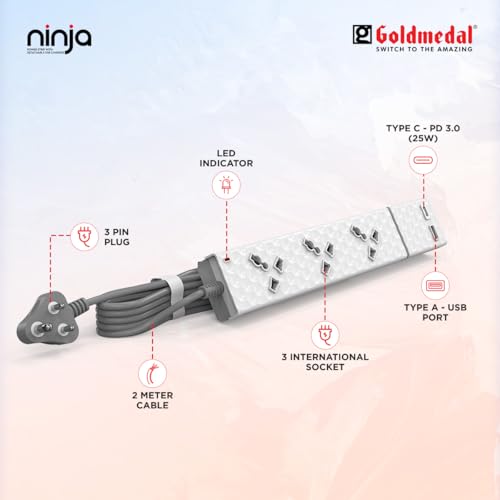 Image of Goldmedal Ninja 3x1 Power Strip with Detachable 25W USB Charger with PD & Quick Fast-Charging, 2 Meter Cable, 3 International Sockets with Plugged-in Type A & Type C Detachable Charger for Travelling