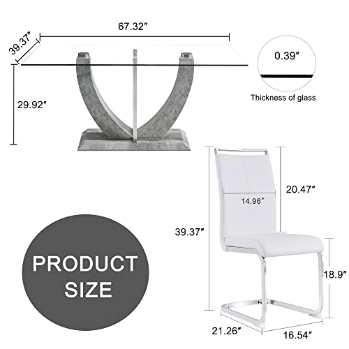 Jufu 67" Glass Dining Room Table Set For 6,Big Modern Rectangular Tempered Glass Dining Table Top Thick 0.39",7 Piece Dining Table With 6 Pcs Leather Dining Chairs #TOP1