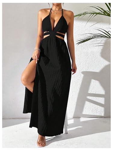 Image of SHENHE Women's Sexy Cut Out Tie Backless Halter Deep V Split Thigh Party Night Maxi Dress