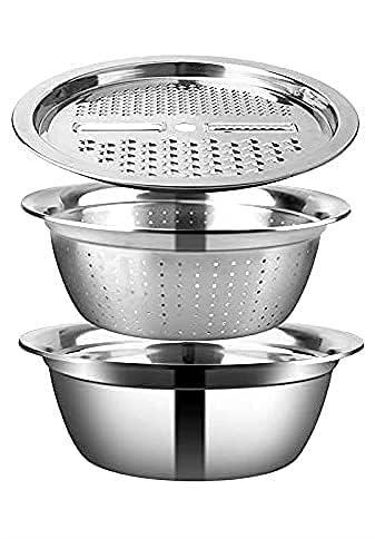 Kitchen Multipurpose Grater Bowl with Drain Colander Grater Mesh Basket 3 in 1 Stainless Steel Basin Vegetable and Fruit Washing Bowl Strainer Cutter Salad Maker Set (26cm) (B0DCGJH7TS) Amazon Price History, Amazon Price Tracker
