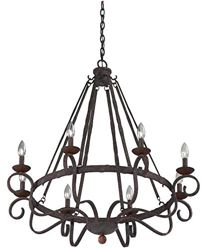 Image of Quoizel Noble 32 inch Candle-Style Chandelier, 8-Light, Rustic Black | Solid Wood Accents, European Style, Adjustable Height Up To 85 inch