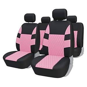 TOYOUN Car Seat Covers Full Set, Universal Seat Covers for 5 Car Seater Front Bucket Seat Covers and 50-50 or 60-40 Rear Split Bench Back Seat Covers Auto Seat Covers Set Two Tone Black & Pink Fabric