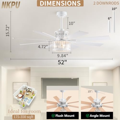 Image of NKPU 52 inch Farmhouse Crystal Ceiling Fans with Lights and Remote, Chandelier Industrial Ceiling Fan with Dual 8 Blades, 6 Speed Reversible Motor, Timing, White Ceiling Fan for Living room, Bedroom