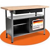 Ondis24 Werkbank Fritz - Höhenverstellbare Werkbank Mit Schubladen, Metall Anthrazit, 120x60x85cm, 28mm Dicke Buchen-Arbeitsplatte, Abschließbare Tür, Belastbar Bis 250kg - Perfekt für Werkstätten