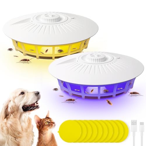 HOVCEH Trampa para Pulgas, 2 Piezas Trampa para Pulgas en Casa con 10 Discos Adhesivos y 4 Modos de Luz, Trampa Antipulgas para Salón, Cocina, Dormitorio