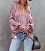 LAMISSCHE Womens Sexy Deep V Neck Blouse Lantern Long Sleeve Chiffon Shirt Oversized Drawstring Silk Satin Tunic(Pink,XL)
