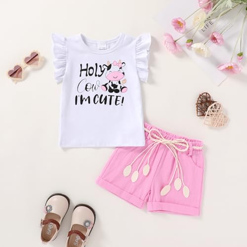 Happy Town Toddler Baby Girl Summer Clothes Ruffle Sleeve Cartoon T Shirt Linen Short Sets with Belt Cute Outfits2