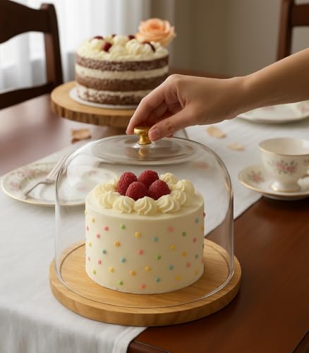 Image of Wooden Cake Display Plate - Single Stand for Showcasing Cakes and Cupcakes | Clear Acrylic Dome Lid, Cake Display Server Tray for Kitchen, Round Cake Cutting Holder