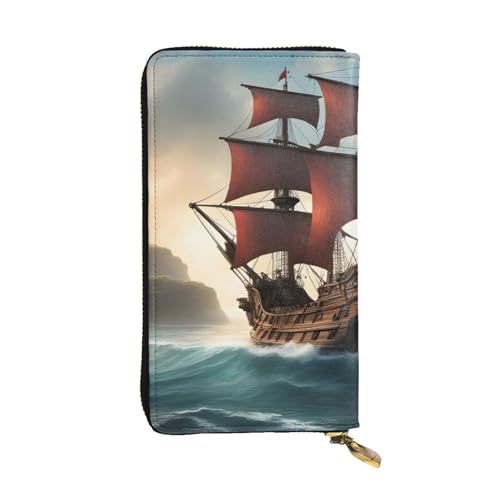 Portefeuille long en cuir noir haut de gamme au design pirate fantastique pour femme