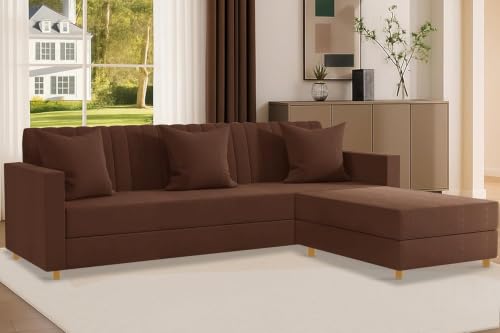Image of Rosebell 3 + 1 Four Seater - Wooden L Shape Convertible Sofa Set for Living Room Furniture Set Upholstery-Velvet Fabric, Modular Sectional Couch for Home & Office - Brown