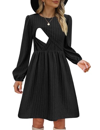 CzzzyL Womens Nursing Friendly Dress Casual Round Neck Lantern Long Sleeve Sweater Pregnant High Waist Flowy Fall Breast Feeding(Black,Small)