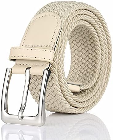 BSLLNEK Elastic Braided Belt, 1 3/8", Woven Stretch Belt for Golf Casual Jeans Shorts Pants (Beige, Medium (33-36" Waist))