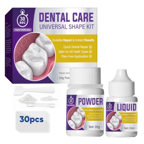 Cemento per Denti, Kit di Riparazione per Denti Rotti o Mancanti, Colla per Denti Finti, con 20 g Polvere e 10 ml Liquido, 30 Volte, Bianco