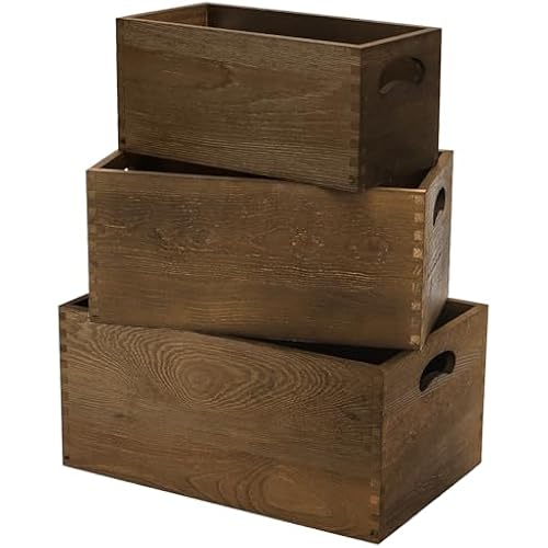 Hedume Set of 3 Nesting Wooden Crates, Wood Crate Box with Handle, Rustic Brown Decorative Wood Storage Crates Container, Stackable Cube Basket Bins Organizer for Home, Office, Closet, Shelf