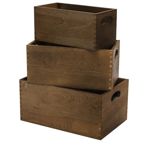 Hedume Set of 3 Nesting Wooden Crates, Wood Crate Box with Handle, Rustic Brown Decorative Wood Storage Crates Container, Stackable Cube Basket Bins Organizer for Home, Office, Closet, Shelf