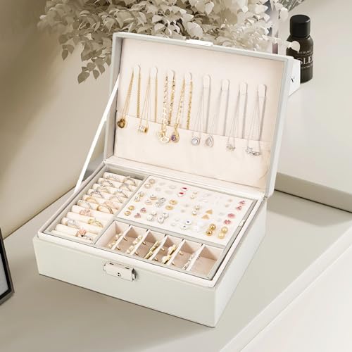 BULLA Jewellery Box, 2 Layer Jewellery Organiser with Lock, Jewellery Box for Women with Removable Tray, Earring Box for Necklace Earrings Rings Bracelets (White) - Cosy Home Interiors BULLA Jewellery Box, 2 Layer Jewellery Organiser with Lock, Jewellery Box for Women with Removable Tray, Earring Box for Necklace Earrings Rings Bracelets (White) - Image 7