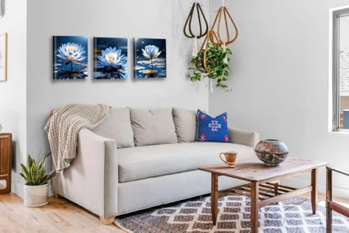 Image of Blue Lotus Flower Wall Art Prints,Framed Watercolor Lotus Flower Print Wall Art for Zen Office Decor,Botanical Canvas Art Prints for Bathroom Home Office Living Room Yoga Decor Set of 3(8 inchX10 inchin)