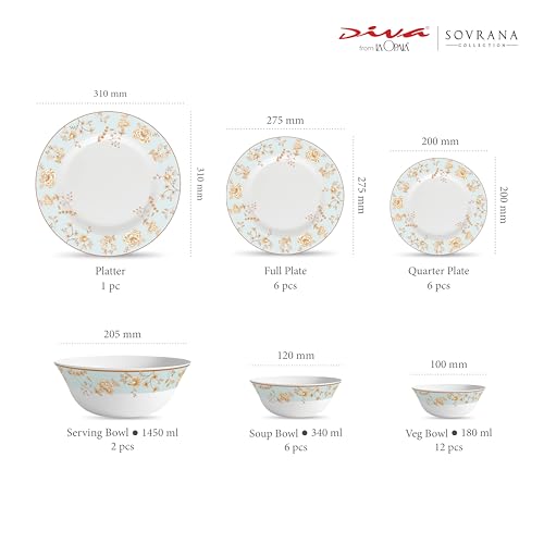 Image of La Opala Diva Sovrana Collection Opal Glass Crockery | for Family of 6 | Dinner Set 33 pcs Medusa Gold | Plates & Bowls for Dining | Microwave Safe | 100% Vegetarian | Extra Strong | Light & White