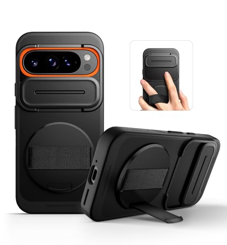 SURITCH for Google Pixel 9/9 Pro Case with 360° Rotatable Hand Strap Phone Grip Holder & Invisible Kickstand & Slide Camera Cover, Slim Rugged Shockproof Protective Cover for Pixel 9/9 Pro, Black by SURITCH - Used condition - US$19.35