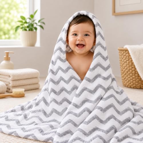 Image of 100% Cotton Muslin Baby Swaddle & Bath Towel, 120 x 120 cm (47 x 47 Inches), Soft & Breathable Newborn Baby Swaddle Wrap, Lightweight Cotton Baby Blanket, 0-18 Months, Zig Zag + Half Zig Zag, Set of 2