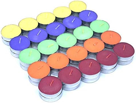 Sania India Handcraft Unscented Handmade Multicolor Smokeless Long Burning Tea Light Candles with 1.5" Aluminum Holders 4-5 Hours - 50 Pack