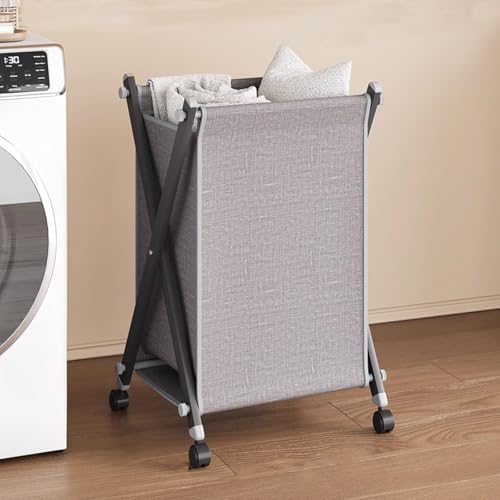 Foldable Rolling Laundry Cart with Wheels Large Capacity Dirty Clothes Hamper Sturdy Metal Frame & 4 Casters for Laundry Room Bedroom Dormitory Gray & Black