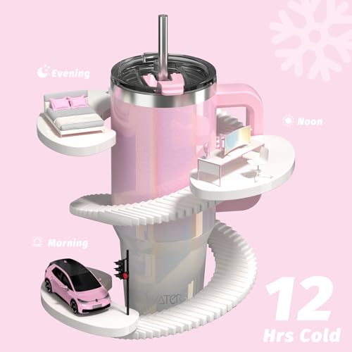 WATERSY Doppelwandiger 40oz Kaffeebecher to Go Thermobecher Edelstahl Vakuum Auslaufsicher Trinkbecher mit Griff und Strohhalm Rosa Weiß Glänzend 6