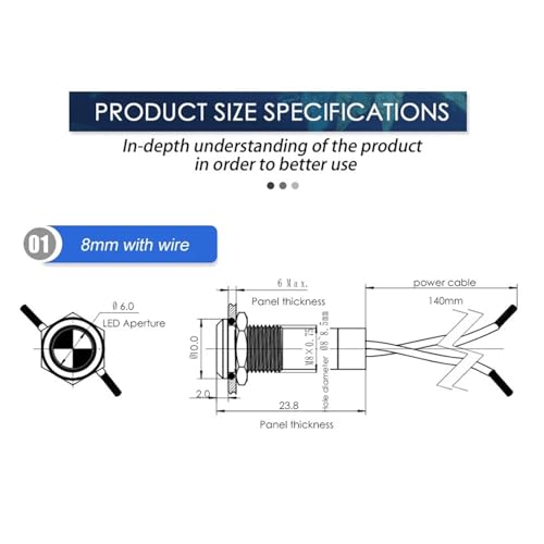 Lámpara de señal de metal LED blanca de 12V-24V con cable de 8mm para panel 3