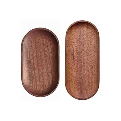 Mini Serving Tray for Jewellery Key Coin Set of 2, Oval Natural Wood Dessert Cup Tray, Small Wooden Cheese Plate, Tableware Decorative Tray (2) Cover