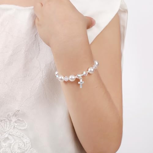 Pearl Cross Bracelets for Girls, Sterling Silver Baby Bracelet, Baptism Gifts for Girl, Christening and First Communion Christian Jewelry Gift for Kids3