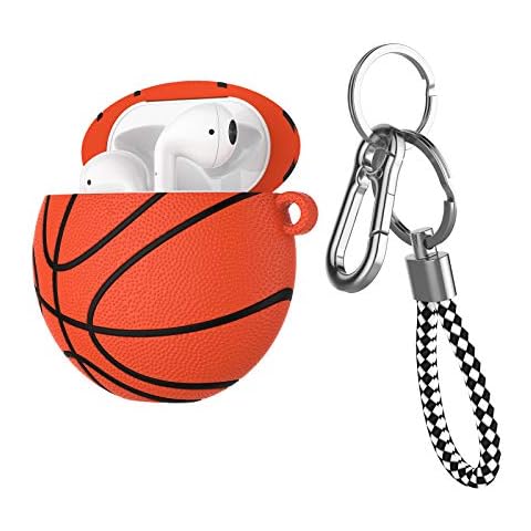Tiflook for Airpod Case, Cool Design Sports Cute Funny Basketball Round Hard PC Plastic Airpods Case Cover with Keychain Key Ring Lanyard Compatible with Airpods 2 & 1, Brown Cover