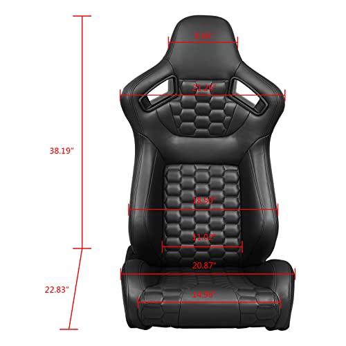 Image of IKON MOTORSPORTS, Universal Racing Seats with Dual Sliders, Reclinable Black PU + Carbon Leather with Hexagonal Quilting Sport Bucket Seats, 1 Pair Driver + Passenger Side