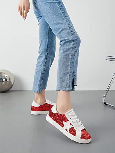Image of PARTY Women's Fashion Sneaker Lace Up Low Top Comfortable Cushioned Walking Shoes,Podcast,RED Glitter,10