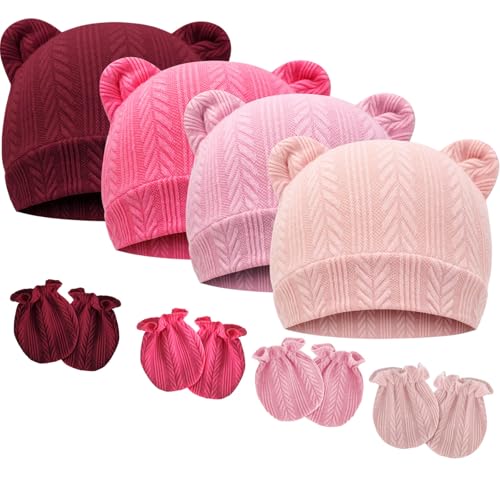 Image of BQUBO Newborn Baby Hats Bear Ears and Mittens Sets Preemie Caps Baby Boy Girl Infant Hospital Beanie for 0-3 Months