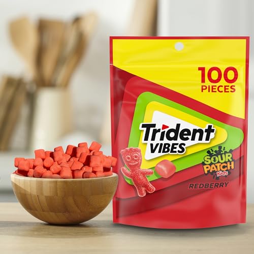 Trident Vibes SOUR PATCH KIDS Redberry Sugar Free Gum, Resealable Pouch, Pack of 1 (100 Pieces)