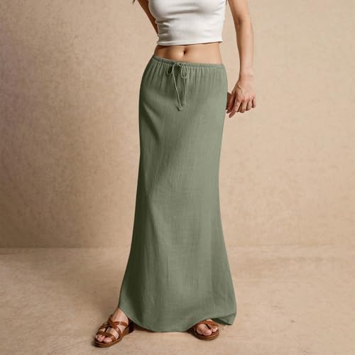 Linen Skirts for Women 2025 Summer Casual Maxi Skirt Drawstring Low Rise A-Line Flowy Boho Beach Vacation Outfits2
