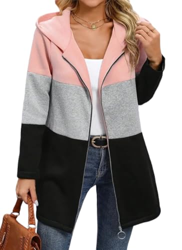 YINGKE Mujer Chaqueta Larga Informal para Estilo Y2K con Capucha y Cremallera en Diseño Color Block Sudadera con Capucha(2XL,Rosa)
