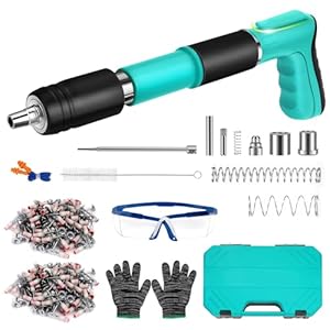 Handmatig nagelpistool met 200 ronde nagels, 5 versnellingen instelbaar boutschotapparaat voor staal en beton, draagbaar en geluidsarm, met haak voor ophanging en beschermingsset (handschoenen,