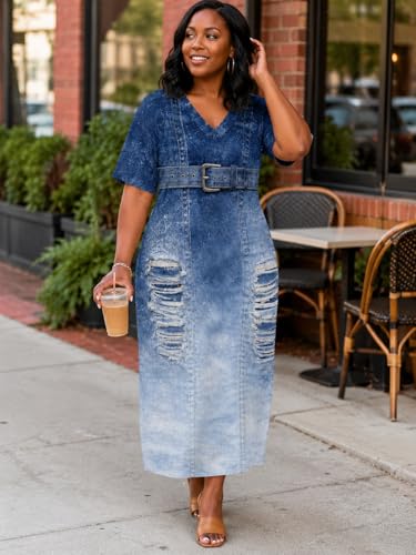 Image of SUZONANA Plus Size Denim Print Maxi Dresses for Women Casual V Neck Short Sleeve with Pockets Soft Jean Look Dress XL-6XL