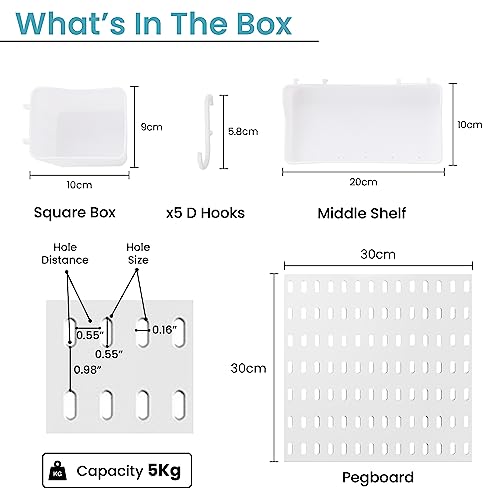 CHESTON Pegboard Wall Mount Storage Organiser Shelves Hooks Racks for Kitchen Living Room Study Home Decor for Boy & Girl Room with Mount Accessories Included (30 x 30 cm) - Image 3
