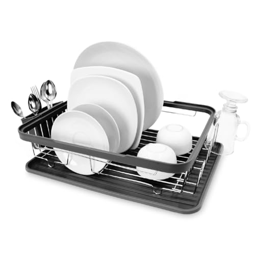 Anika 69049 Kitchen Dish Drainer Rack/Separate Cutlery Holder/Removable Drip Tray/Black Colour / 41 x 32 x 9.5cm