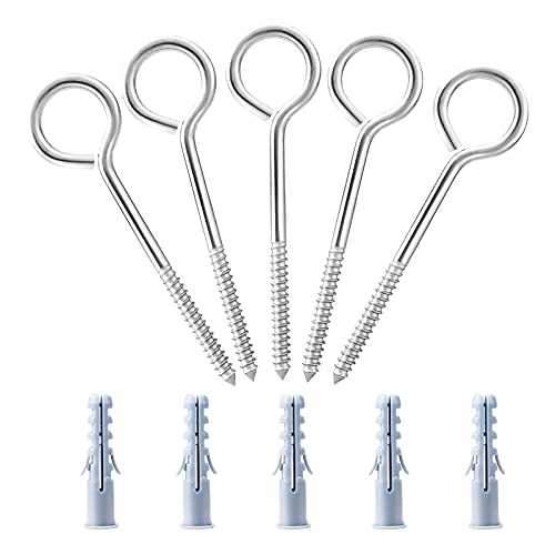 TooTaci Lot de 5 Crochets à Oeil,M5*100mm Crochets à Oeil en acier inoxydable 304,œillets à vis en acier inoxydable,pour dans le bois, le contreplaqué ou la cloison sèche Cover