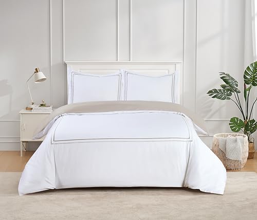 Majestic Giftware Madison Linen 6-Piece Queen Size Duvet Bedding Set (BL51-Q-3) | Flora Hotel Collection-White-Taupe Embroidery 400 TC Cotton Sateen | 1 Fitted Sheet, 1 Duvet, 4 Pillowcases