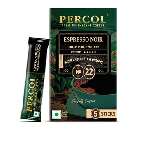 Image of PERCOL Espresso Noir Premium Coffee Sachets | 5 Sachets x 2gm | 100% Pure Freeze Dried Instant Coffee | Premium Imported Beans | Flavorful & Aromatic | Single Serve Sticks | Best For Hot & Cold