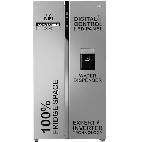 Haier SmartChoice 596L 3Star 2-Door Water Dispenser Side by Side Frost Free Refrigerator|Convertible|Smart Sense AI | Expert Inverter|Digital Display Panel (HRS-682SWDU1, Shiny Silver) view 1