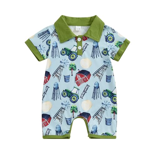 Image of GuliriFei Western Baby Boy Outfit Cow/Horse Print Short Sleeve Romper Button Up Lapel Jumpsuit Bodysuit Summer Clothes (Green, 0-3 Months)