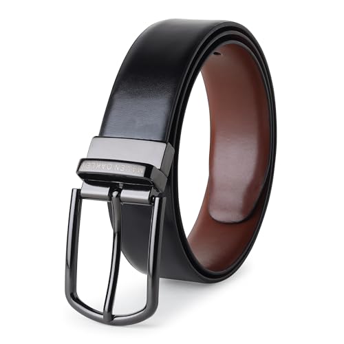 Image of Belts for Men Leather Original, Reversible Black & Brown Formal & Casual Italian Leather Belt with Solid Metal Curved Buckle