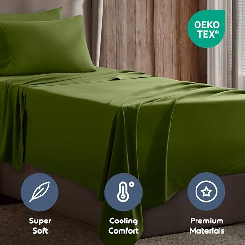 Image of Nestl Twin Bed Sheet Set - Calla Green - 3-Piece Deep Pocket | Instantly Soft, Night-One Ready (No Wash Required). Fits 16-Inch Deep Pockets, 360-Degree Elastic Grip